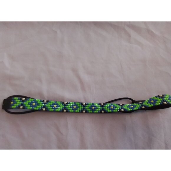 Beaded Adjustable Headband With Blue & Green Pattern - Picture 5 of 5